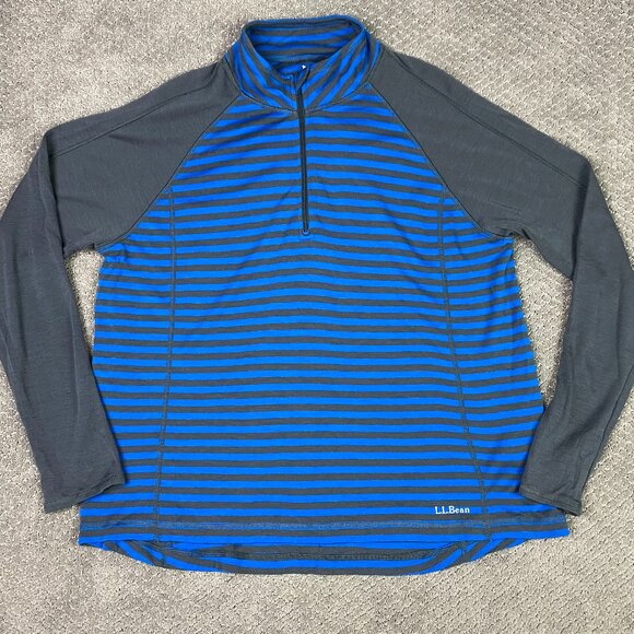 LL Bean Merino Wool Base Layer 1/4 Zip Pullover Sweater Men's XL Blue Striped - Picture 1 of 9